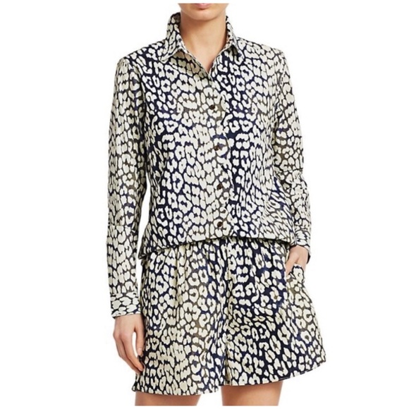 GANNI Leopard Print Long Sleeve Cotton Poplin Shirt - Total Eclipse - Picture 1 of 9